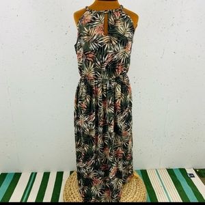 Apricot size Large Tropical Palm Olive Halter Maxi Lined Dress NEW